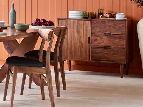 walnut dining chairs and sideboard
