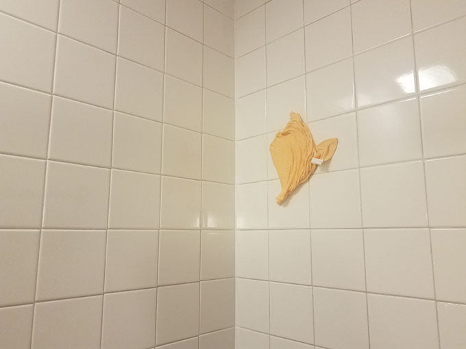 rag stuck on shower wall