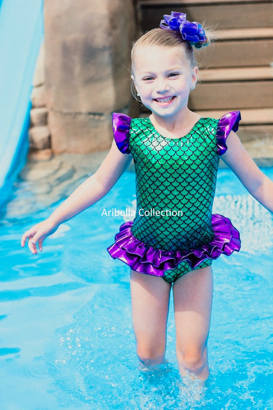 Mermaid Skirt & One Piece Swimsuit Outfit - Iridescent, Green, or