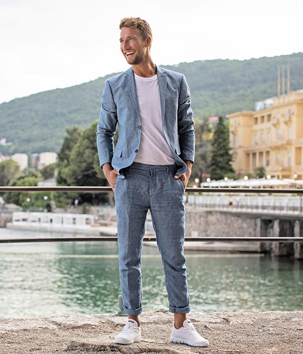 casual suit with sneakers