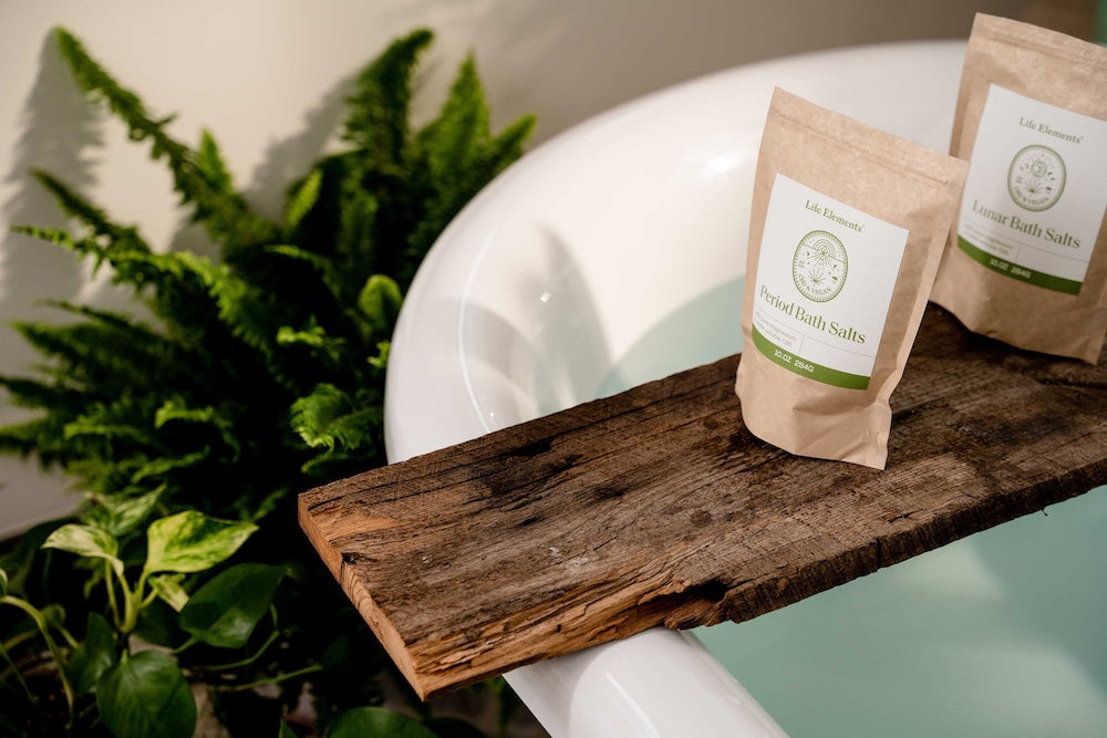 CBD Bath Salts with magnesium are ready to pour into a luxurious bath to help reduce bloating.