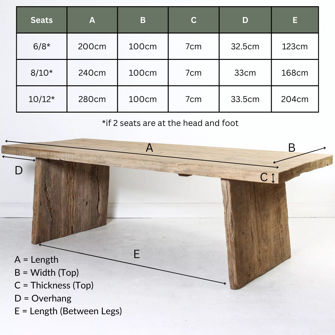 Reclaimed elm dining table size chart