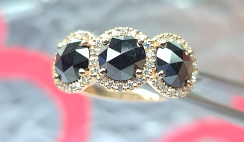Black Diamond Ring Three Stone with Halo