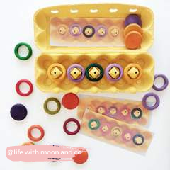 Matching activity with wooden rings and an egg carton