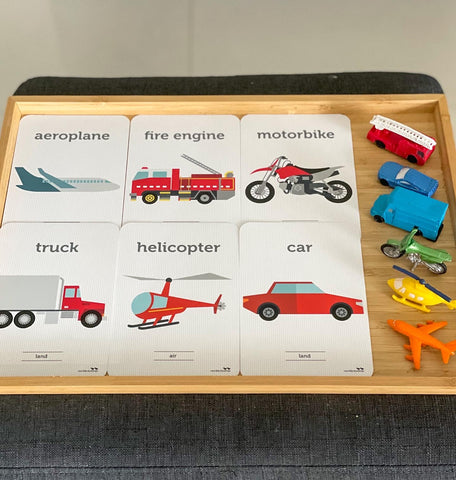 Transport matching flashcards and figurines