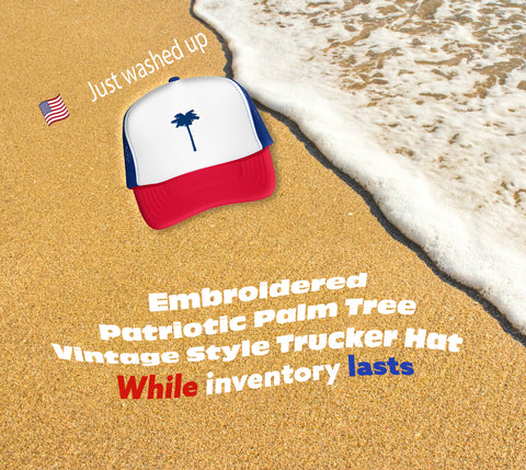 Patriotic Red White & Blue Embroidered Palm Tree Retro Trucker Hat