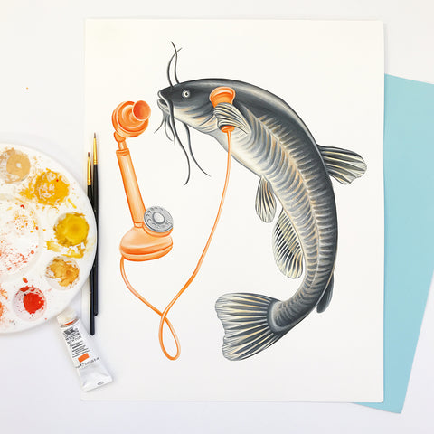 peinture de poisson, illustration de poisson, barbotte, illustration de téléphone, gouache, amelie legault, artiste québécoise, fait au québec