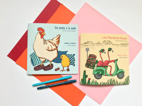Easter gift ideas, idées de cadeau de Pâques, Amélie Legault, cahiers à colorier, coloring books, flamingo, flamants roses, poule, chocolate hen