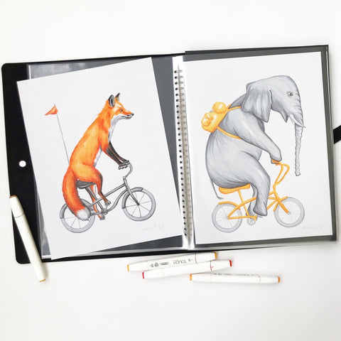 animals on bikes, fox illustration, elephant illustration, amelie legault, ink drawing, original artwork