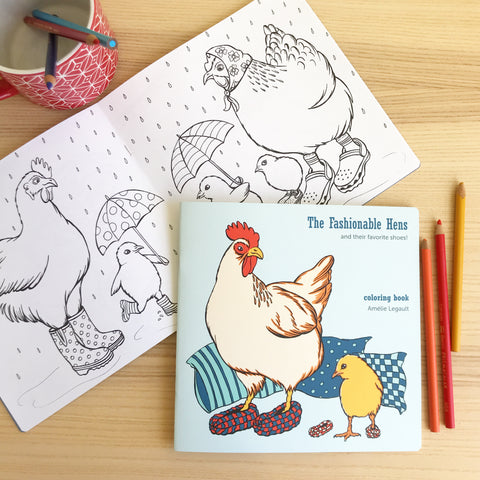 Coloring book, coloring for kids, fashionable hen, chicken illustration, made in canada, canadian artist, easter gift, eater idea, amelie legault