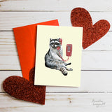 Valentine's day card, hello i love you, carte st-valentin, allo je t'aime, amélie legault, raton laveur, raton au téléphone, raccoon