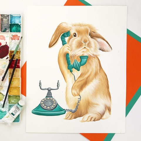 rabbit painting, bunny painting, bunny on the phone, gouache painting, amelie legault, canadian art, canadian artist, art work, work in progress, wip 