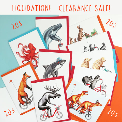 clearance sale, greeting cards, birthday cards, 10 for 20$, amelie legault, animaux à vélo, animals on bikes, liquidation