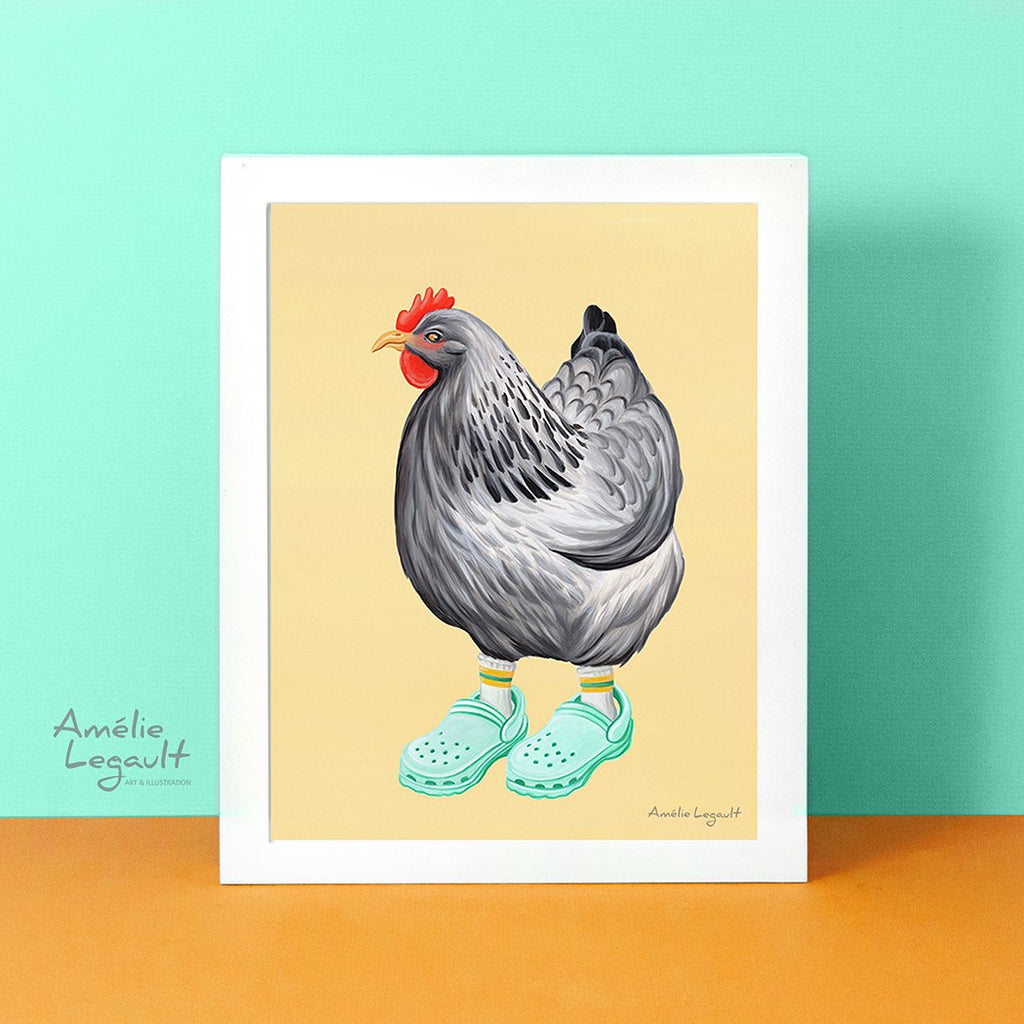 Chicken art print, Hen wearing sneaker shoes artwork, illustration –  AmelieLegault