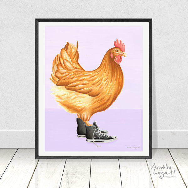 Chicken art print, Hen wearing sneaker shoes artwork, illustration –  AmelieLegault