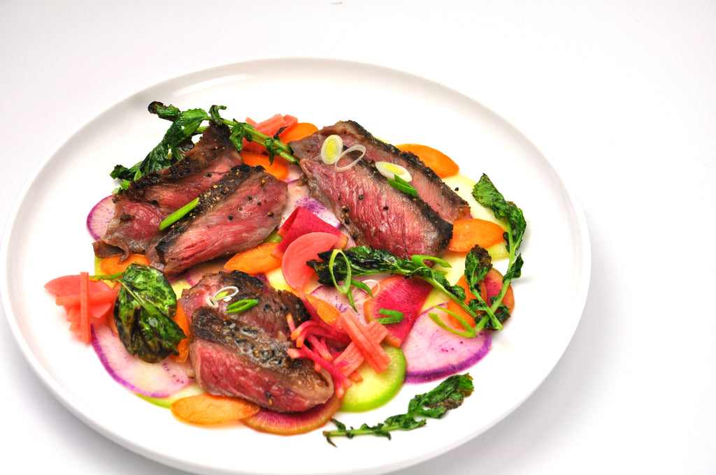 wagyu steak and rainbow radishes