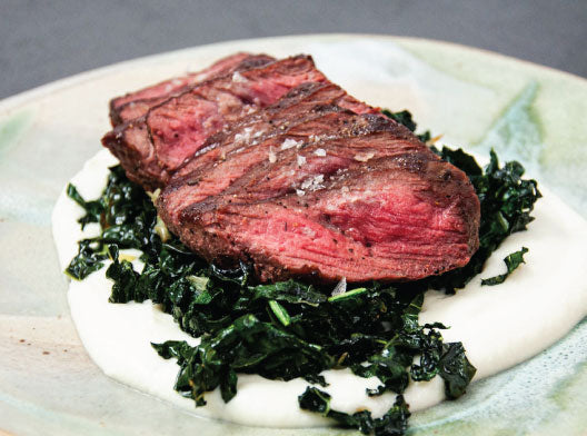 Grilled Elk Medallions with Sweet Collard Greens and Garlic Toum