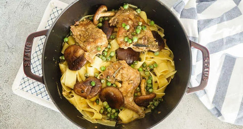 Braised rabbit with pasta and wild nushrooms