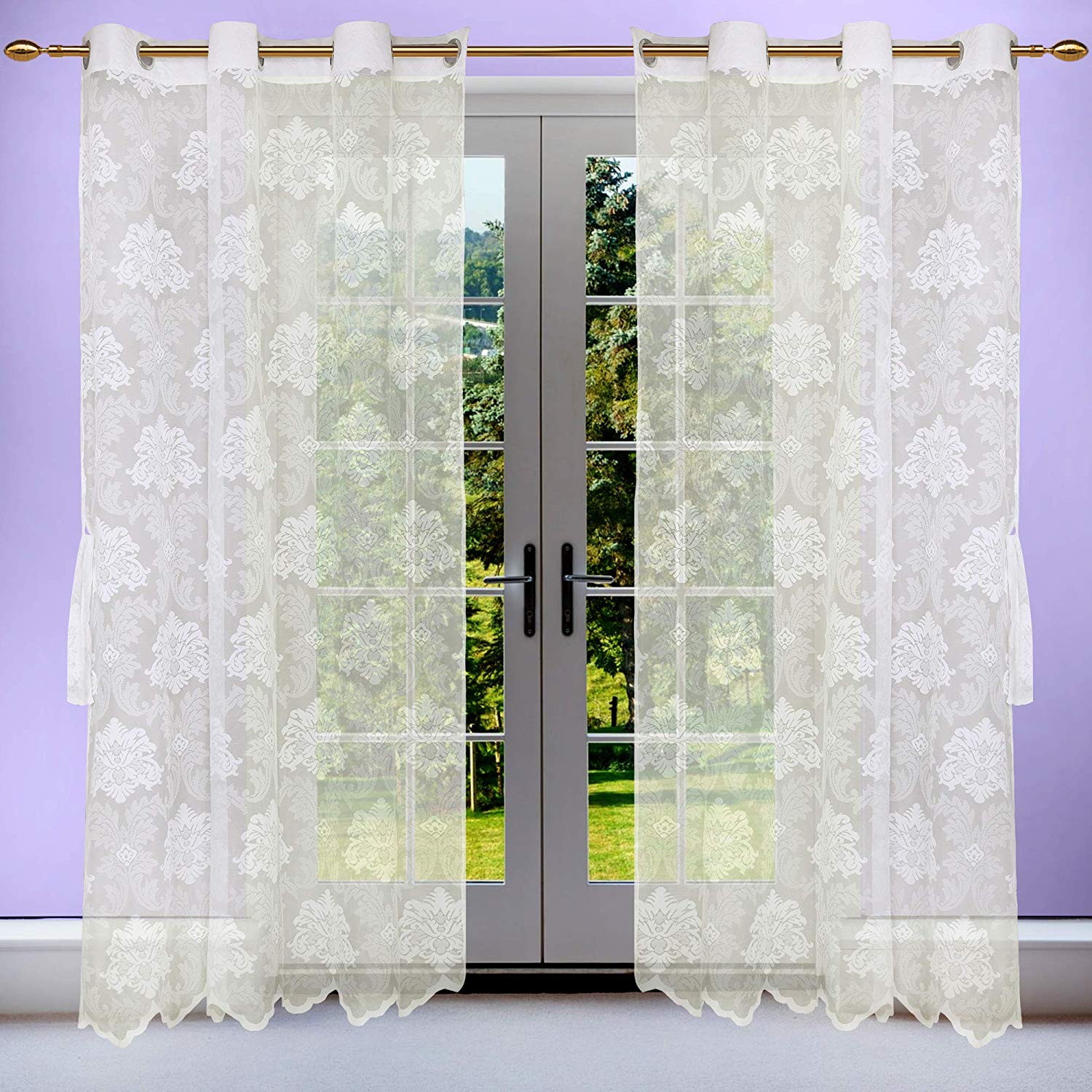Linenwalas Elegant Damask Design Sheer Curtains With Eyelet Rings For Living Room Bedroom Balcony Set Of 2 Panels