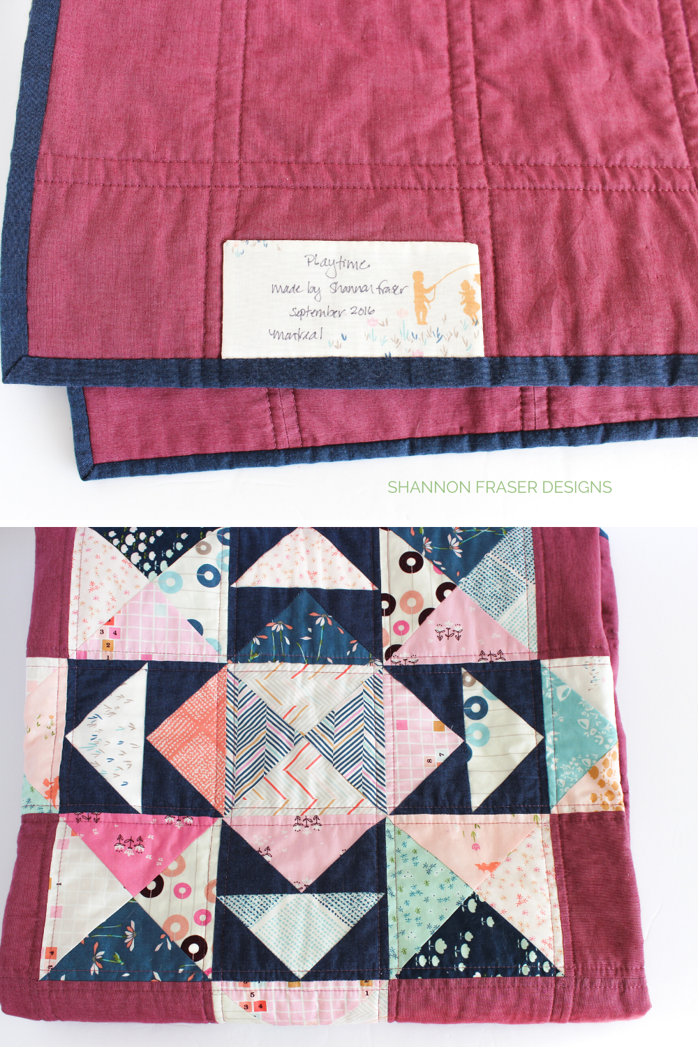 Playtime Quilt featuring custom made DIY quilt label. Click for the step-by-step tutorial on how to make custom quilt labels at home. Plus, download the free quilt pattern so your quilts never go undocumented again! Shannon Fraser Designs #quiltlabel