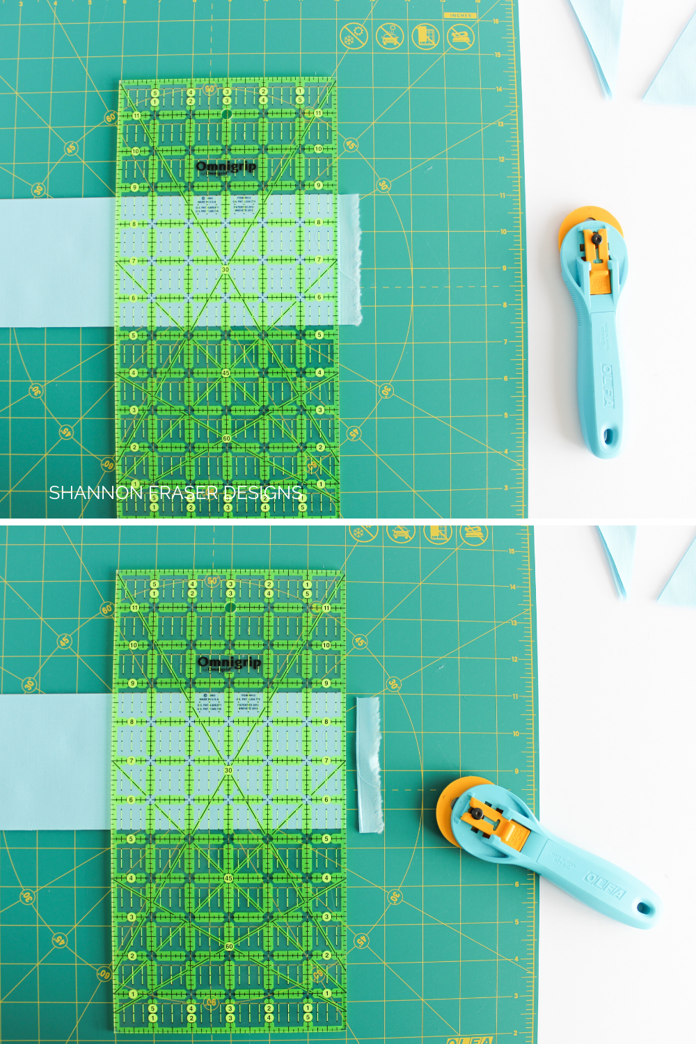 Trim selvages from your strips in preparation for the Hex 'n More ruler