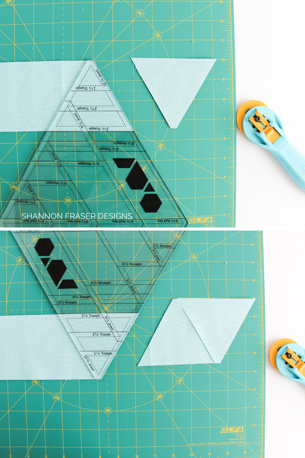 Cutting triangles for the Weight of Love quilt using the Hex 'n More Ruler