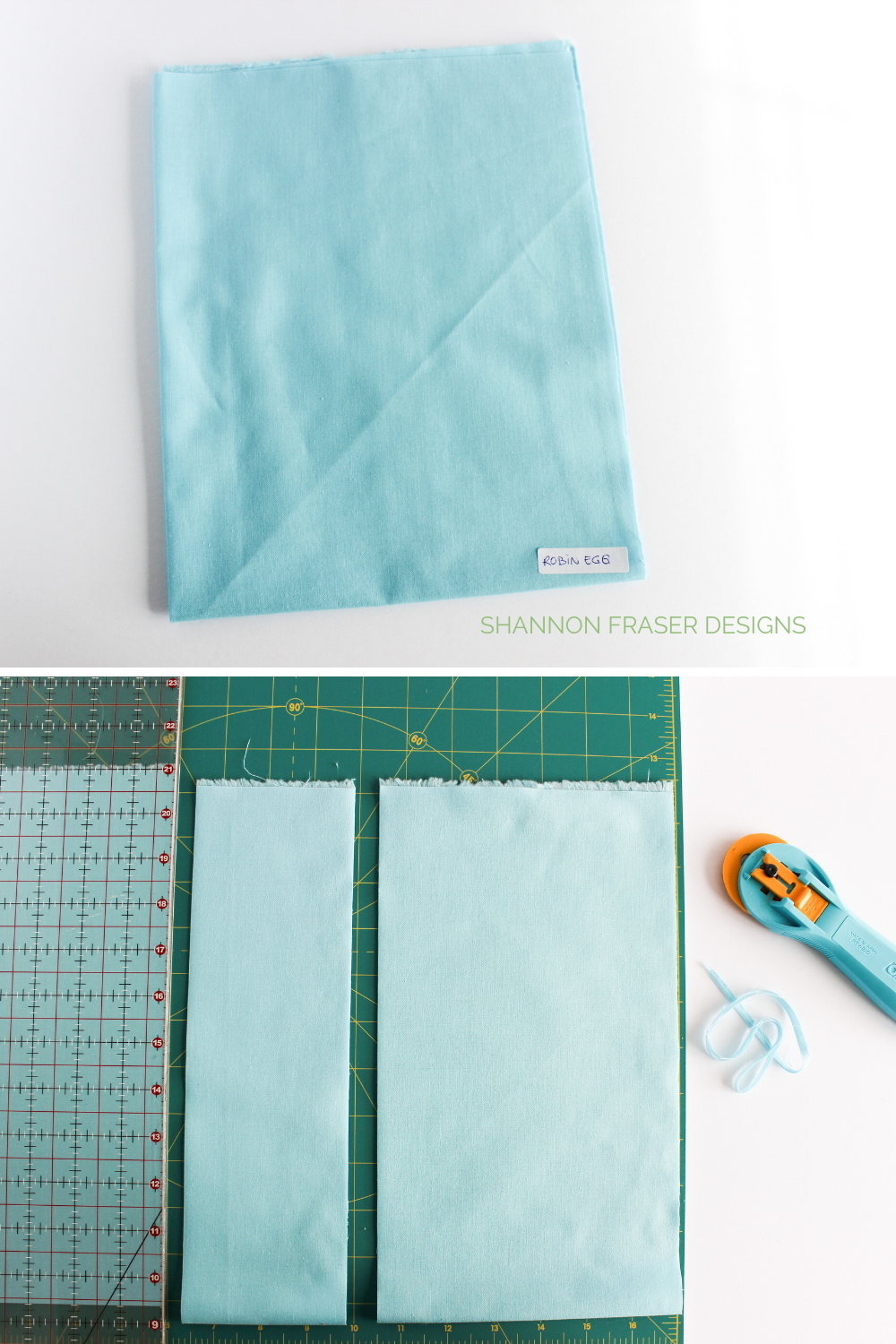 Kona Cotton Fat Quarter and then shown cutting it in strips in preparation for use with the Hex 'N More Ruler