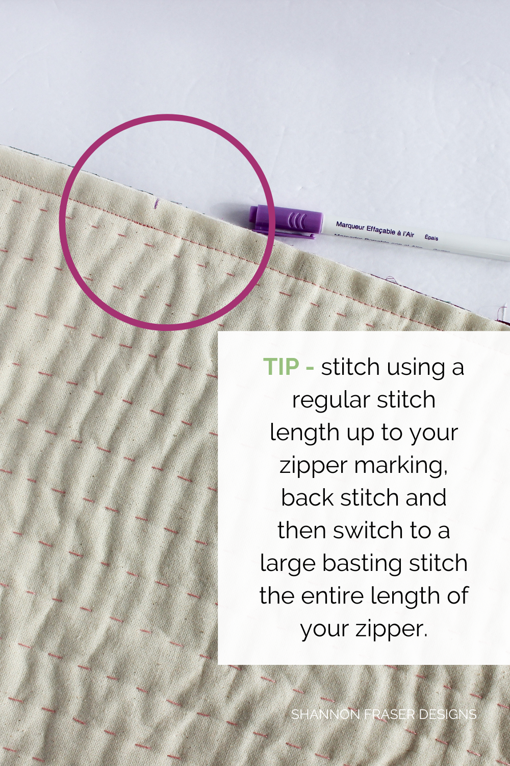 The stitched seam on the Shattered Star pillow showing where to use a regular stitch length and where to switch to a long basting stitch | Sewing Tutorial: how to insert a metal zipper | Shannon Fraser Designs #sewingtutorial