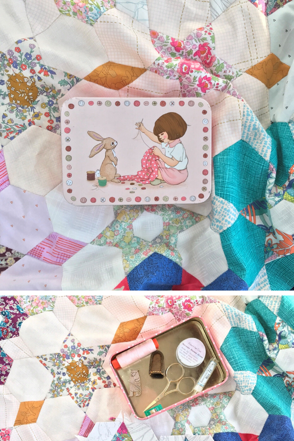 Ange's Belle & Boo tin sitting on her English Paper Pieced quilt | What's in your sewing bag? | Shannon Fraser Designs