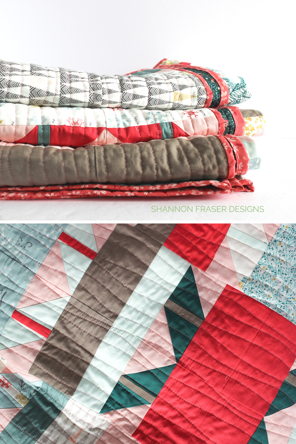Organic wavy line quilting details on the Shattered Star quilt - holiday version featuring Art Gallery Fabrics | Shattered Star Modern Quilt Pattern | Shannon Fraser Designs #machinequilting