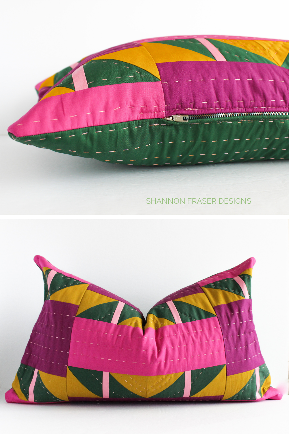 Shattered Star quilted lumbar pillow with the metal zipper installed | Sewing tutorial: how to install a metal zipper in a cushion | Shannon Fraser Designs #quiltedcushion