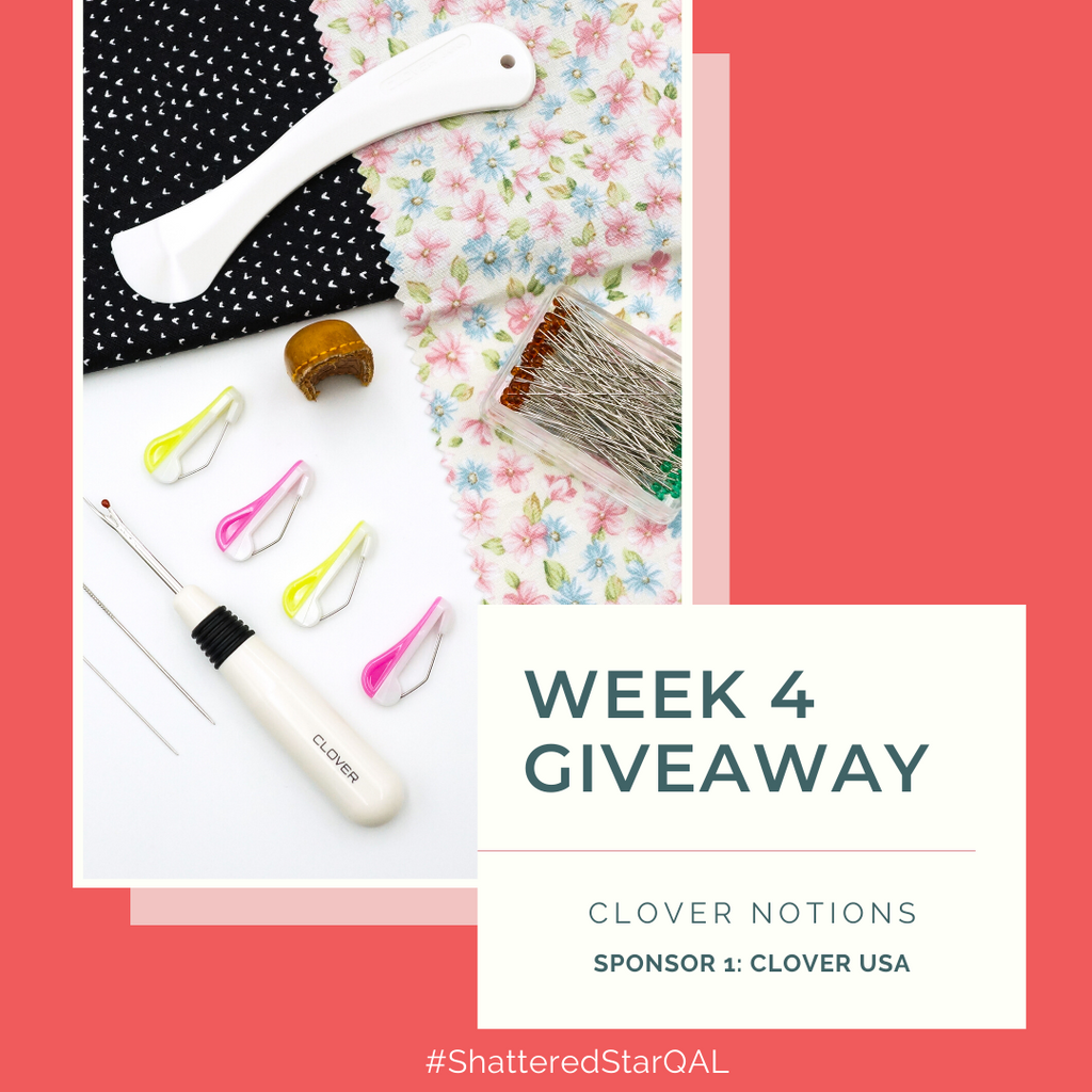 Clover Notions: hera marker, leather thimble, seam ripper, quilting pins, quick pins all part of the Shattered Star QAL week 4 giveaway | Shannon Fraser Designs #sewingnotions