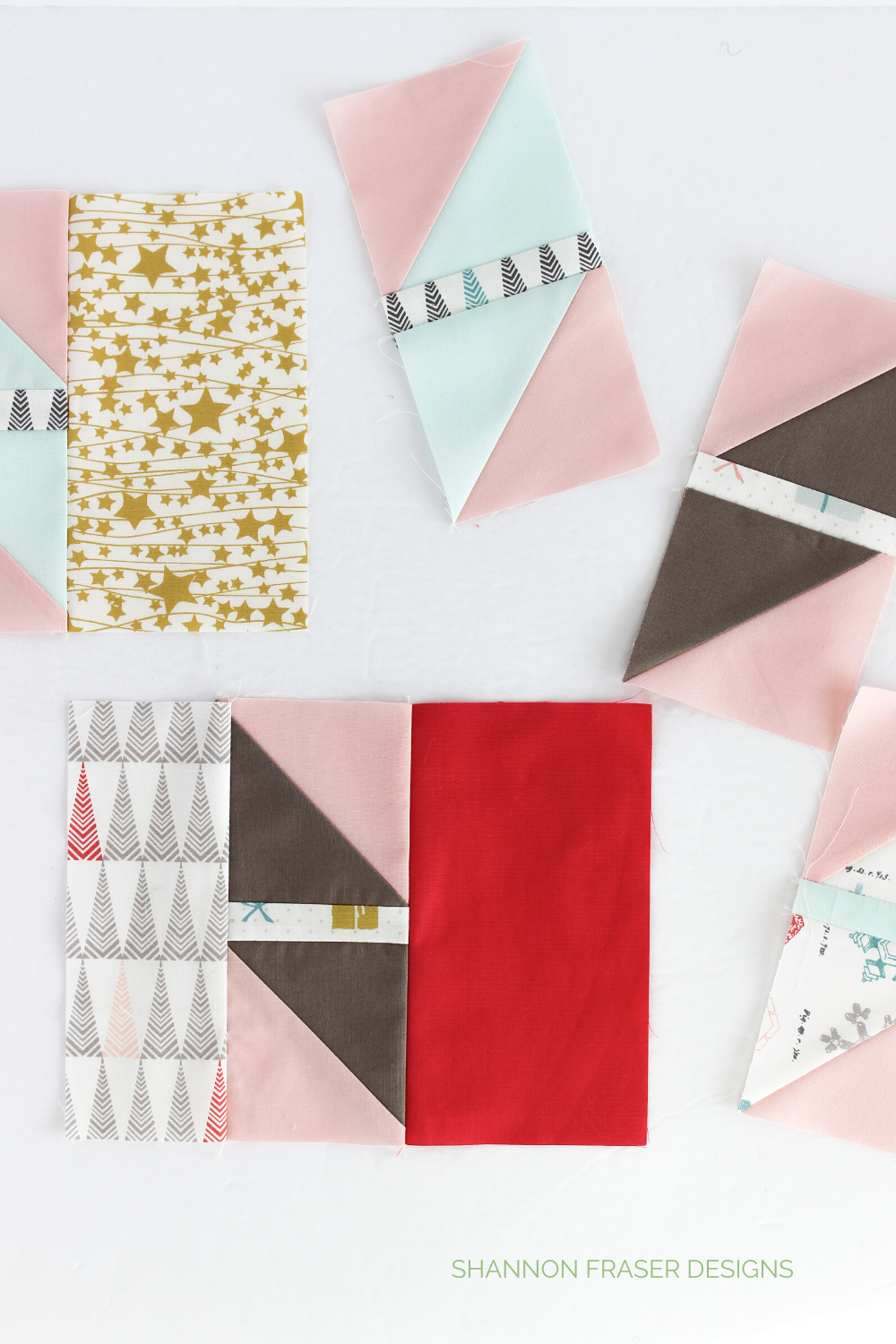 Half square triangle units and Shattered star quilt block units scattered on the table and ready to be pieced | Shattered Star Quilt Along: Week 4 - Small piecing tips | Shannon Fraser Designs #quilting