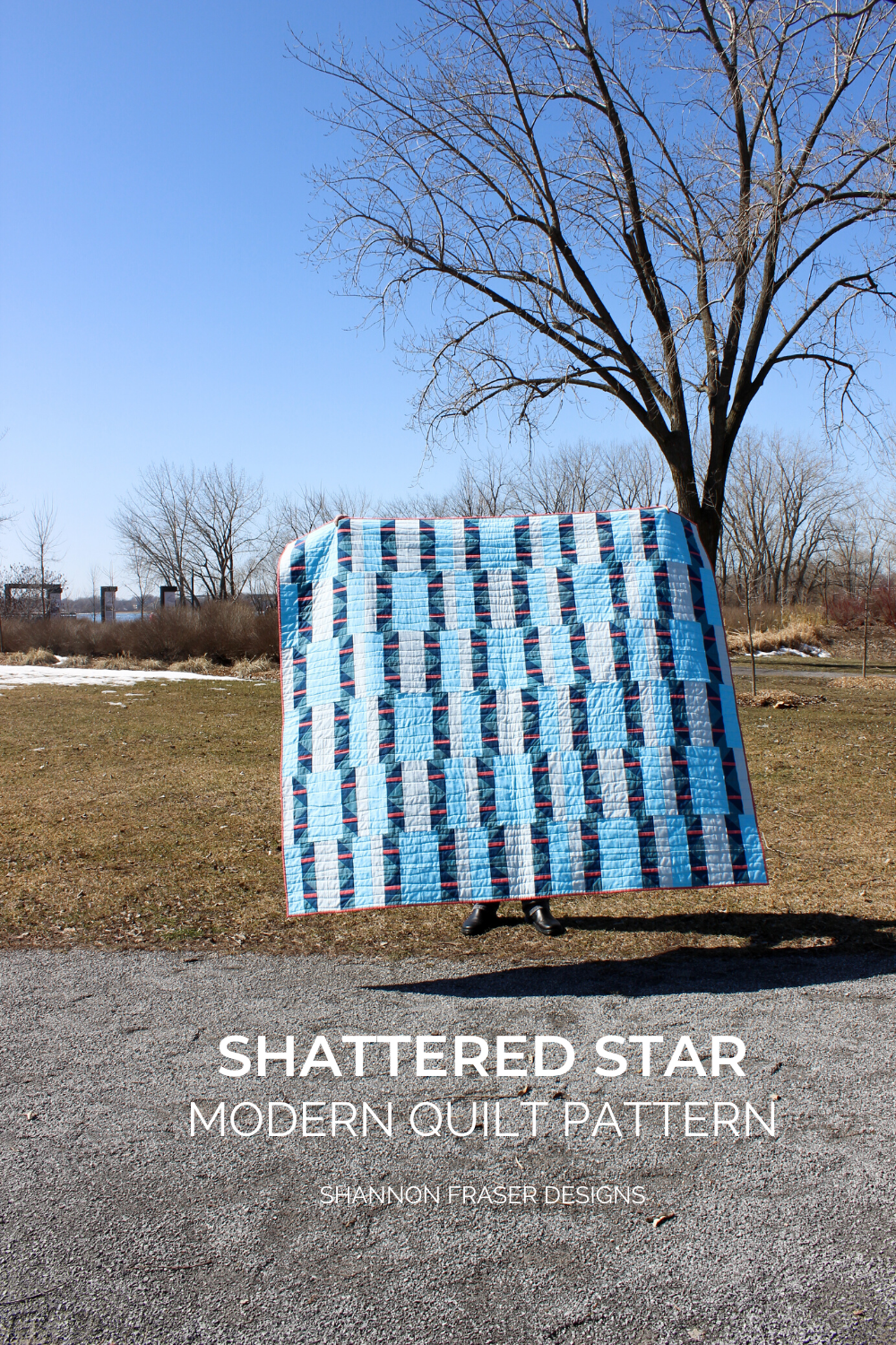 Shattered Star Quilt the blue and coral Artisan Cotton one out in the early Spring wild | Modern Quilt Pattern by Shannon Fraser Designs #quiltsinthewild