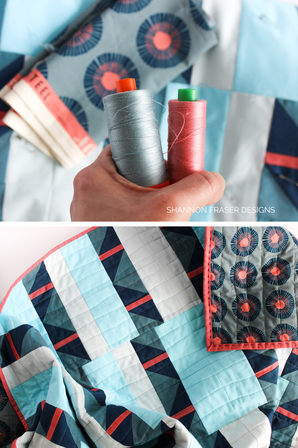 Aurifil Thread I considered using for machine quilting my Shattered Star blue and coral Artisan Cotton quilt featuring organic wavy line quilting | Modern quilt pattern | Shannon Fraser Designs #organicwavylinequilting