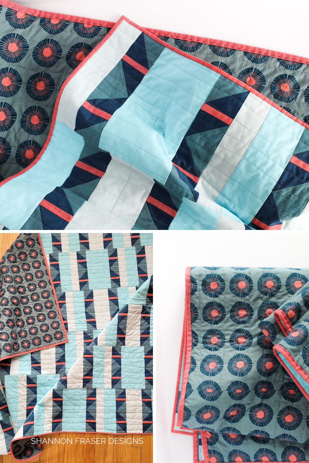 Shattered Star quilt the blue and coral Artisan Cotton version with a Cotton and Steel backing. This modern quilt pattern is so easy to stitch up and looks great in both solid fabrics and prints. Shannon Fraser Designs #modernquiltpattern