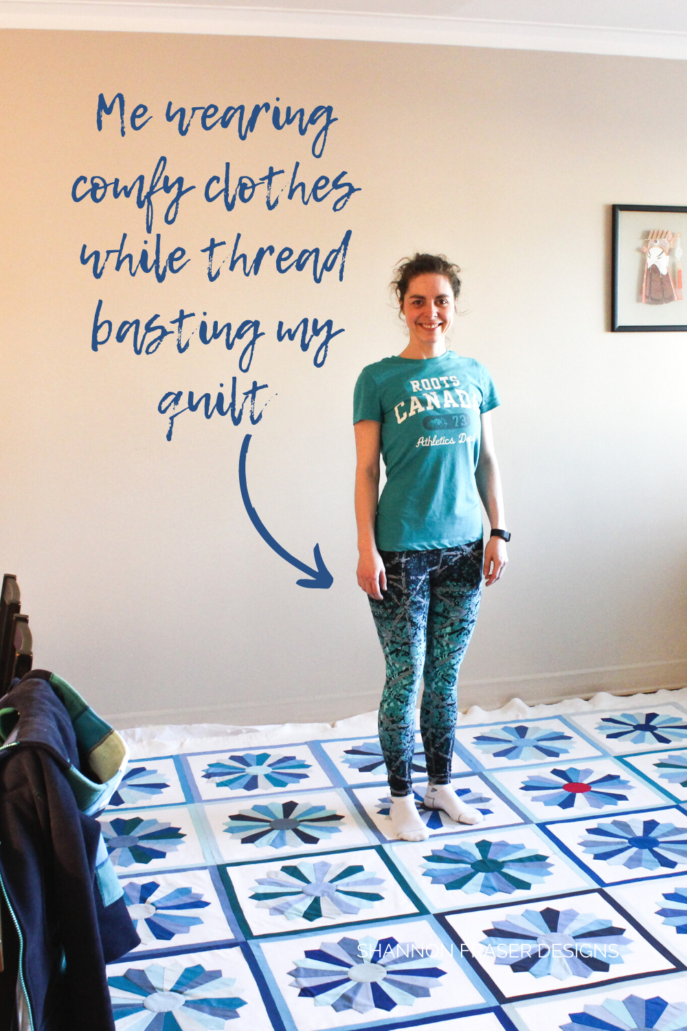 Me wearing comfy clothes while thread basting my blue Dresden plate quilt | Shattered Star Quilt Along Week 7: How to baste your quilt