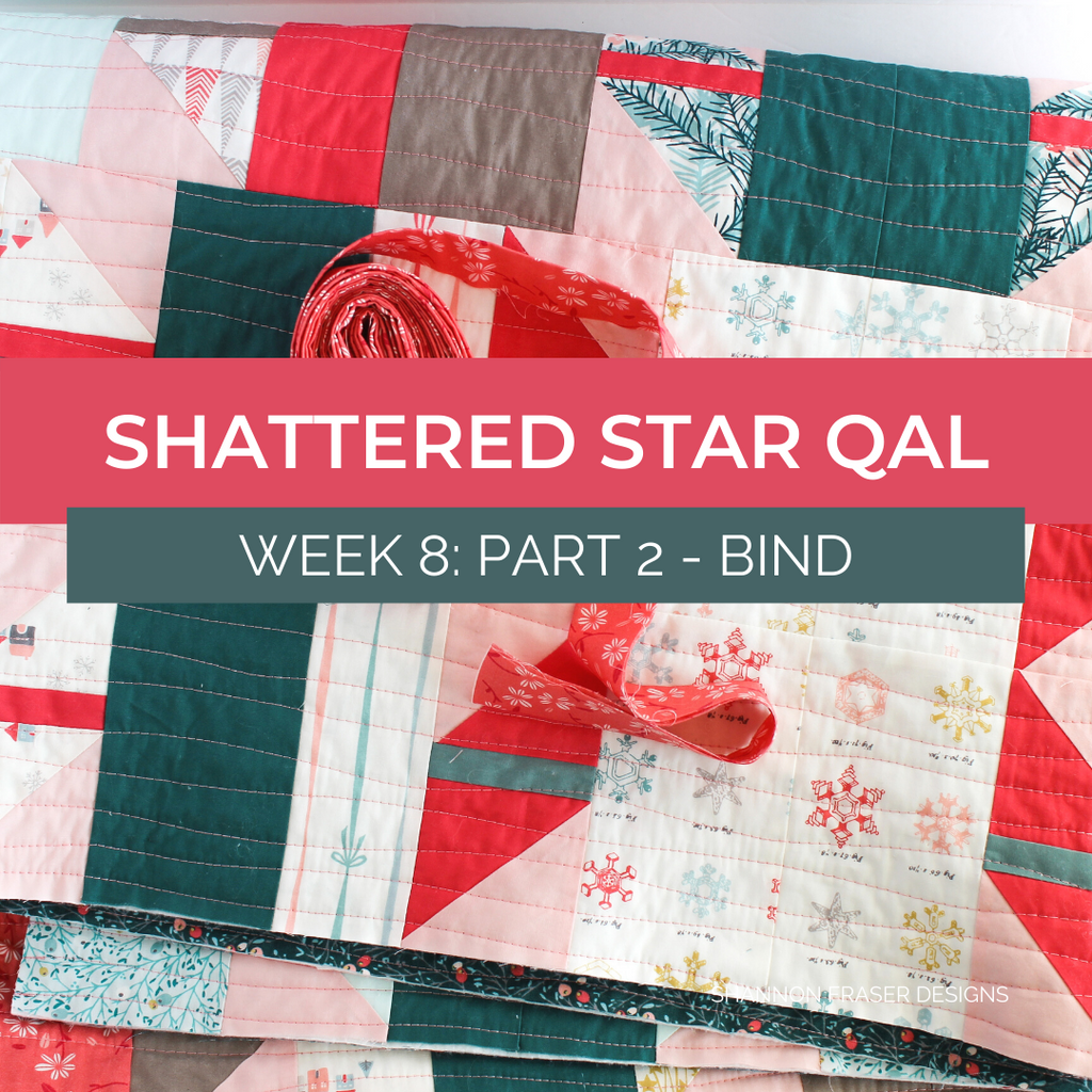 Holiday Shattered Star quilt with binding rolled up and ready to be attached | Shattered Star QAL Week 8 Part 2: How to bind your quilt | Shannon Fraser Designs #quilttutorial