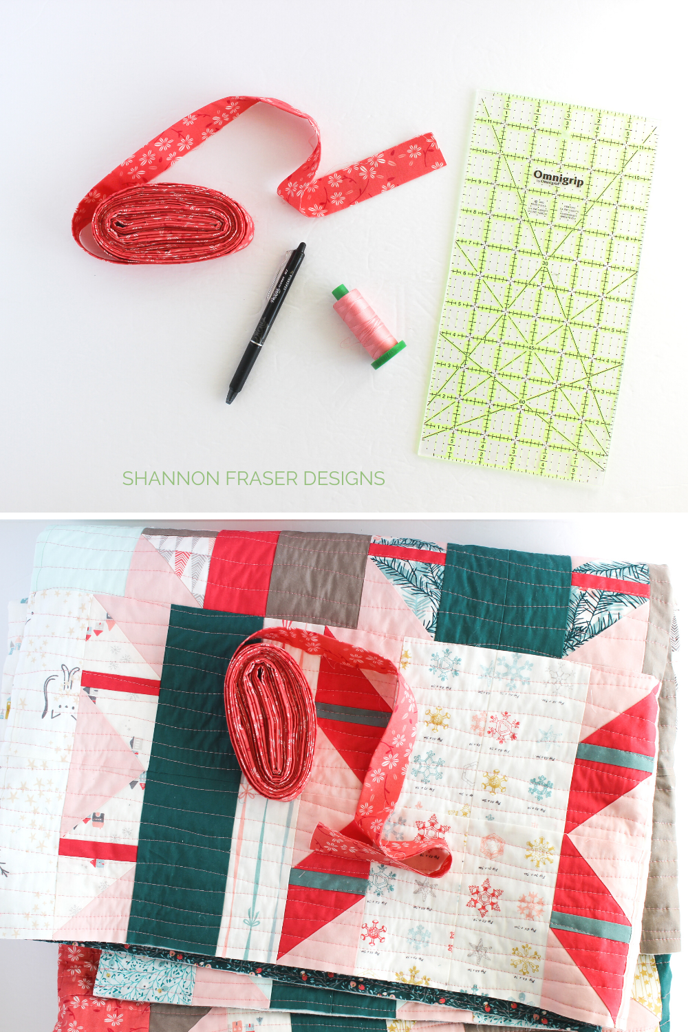 Quilt binding ready to be attached to my Shattered Star quilt - the holiday version | Shattered Star Quilt Along Week 8: Part 2 - How to bind your quilt | Shannon Fraser Designs #holidayquilt