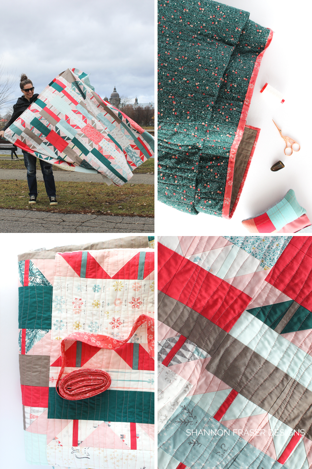 Shattered Star quilt - the holiday version, at various stages of the quilting journey | Shattered Star QAL Week 8: Part 2 - how to bind your quilt | Shannon Fraser Designs #modernquilt