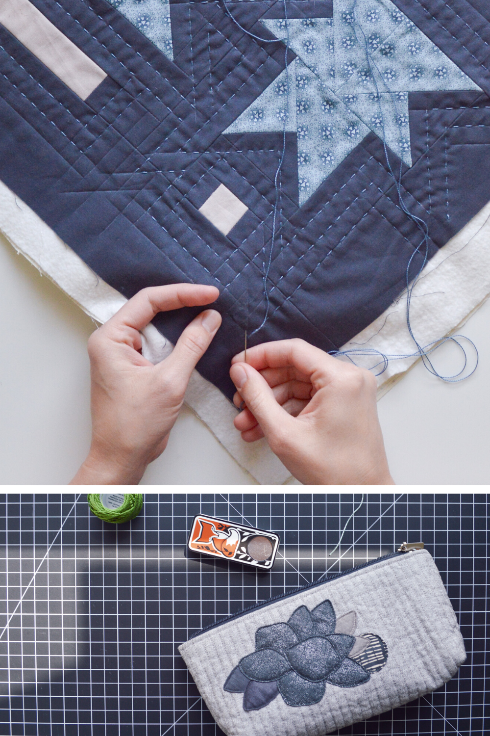 Anna's hands quilting with a photo of her sewing kit with needle applique flower | What's In Your Sewing Bag? Special Guest: Anna from Wax and Wane Studio | Shannon Fraser Designs #handquilting