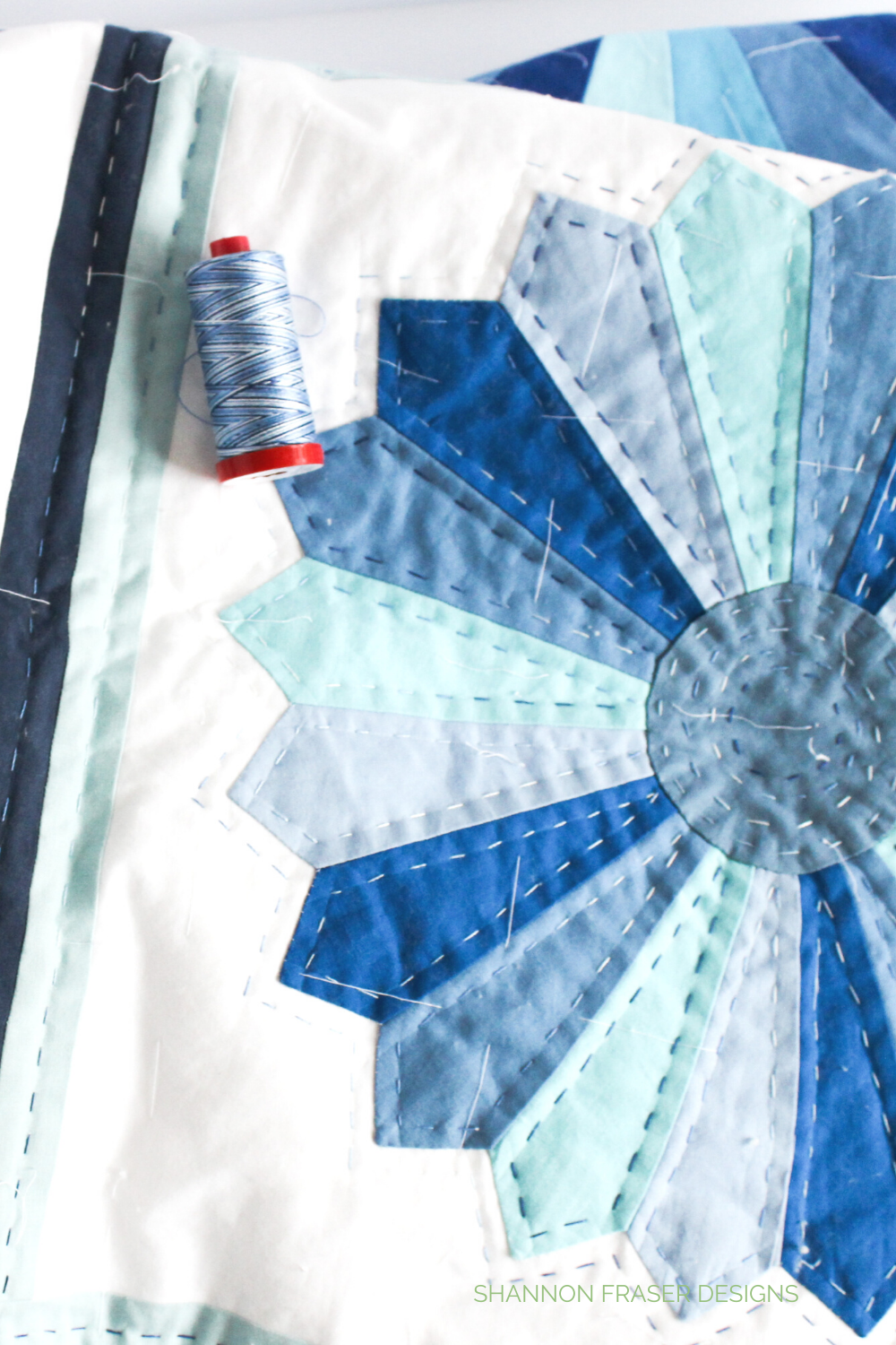 Blue Dresden quilt in process of being hand quilted with Aurifil Thread in 12wt variegated thread | 2019 in Review + 2020 Goals | Shannon Fraser Designs #modernquilter
