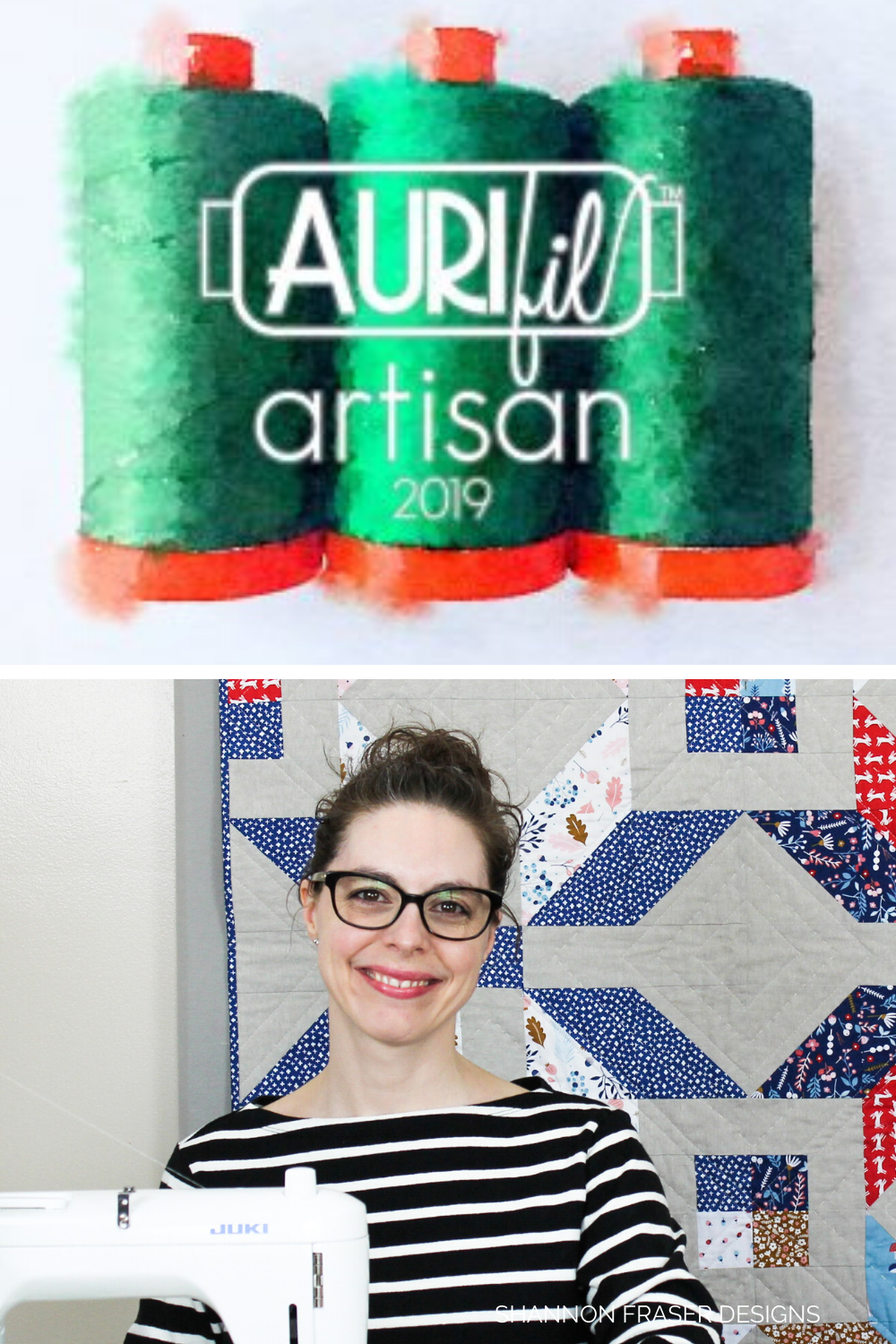 Aurifil Artisan 2019 Graphic + Shannon Fraser sitting at her sewing machine with a Winter Star quilt behind her | Why I love Aurifil Thread | Shannon Fraser Designs