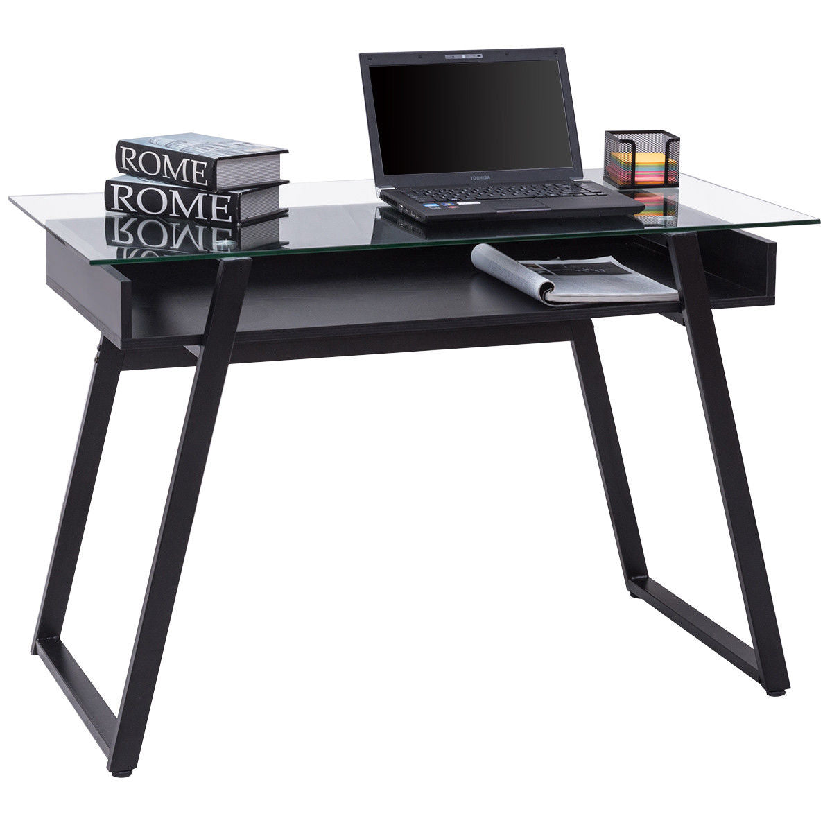 Glass Top Wood Shelf Computer Gaming Desk Convenient Express