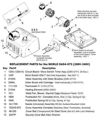 Replacement Parts for the WORLD DA54-973 (208V- 240V)