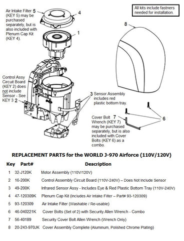 REPLACEMENT PARTS for the world J-970 Airforce (110V/120V)