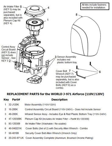 REPLACEMENT PARTS for the world J-971 Airforce (110V/120V)