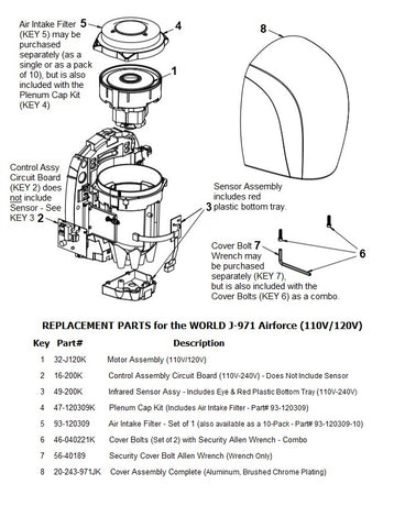 REPLACEMENT PARTS for the world J-971 Airforce (110V/120V)