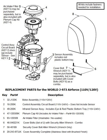 REPLACEMENT PARTS for the world J-973 Airforce (110V/120V)