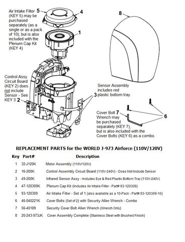REPLACEMENT PARTS for the world J-973 Airforce (110V/120V)